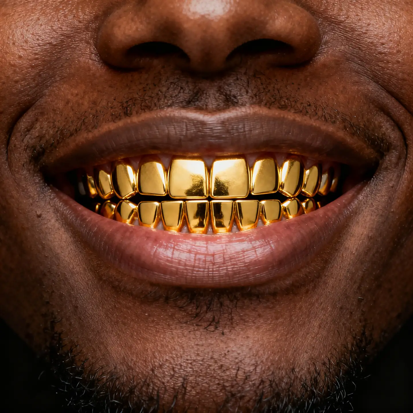 Grillz Premium con finitura PVD effetto oro indossato, resa illustrativa del risultato