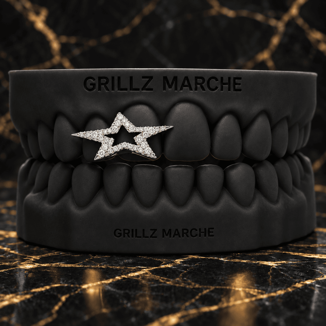 Stella Pavè open face: grillz su misura su 2 denti, cromo-cobalto lucidato a specchio