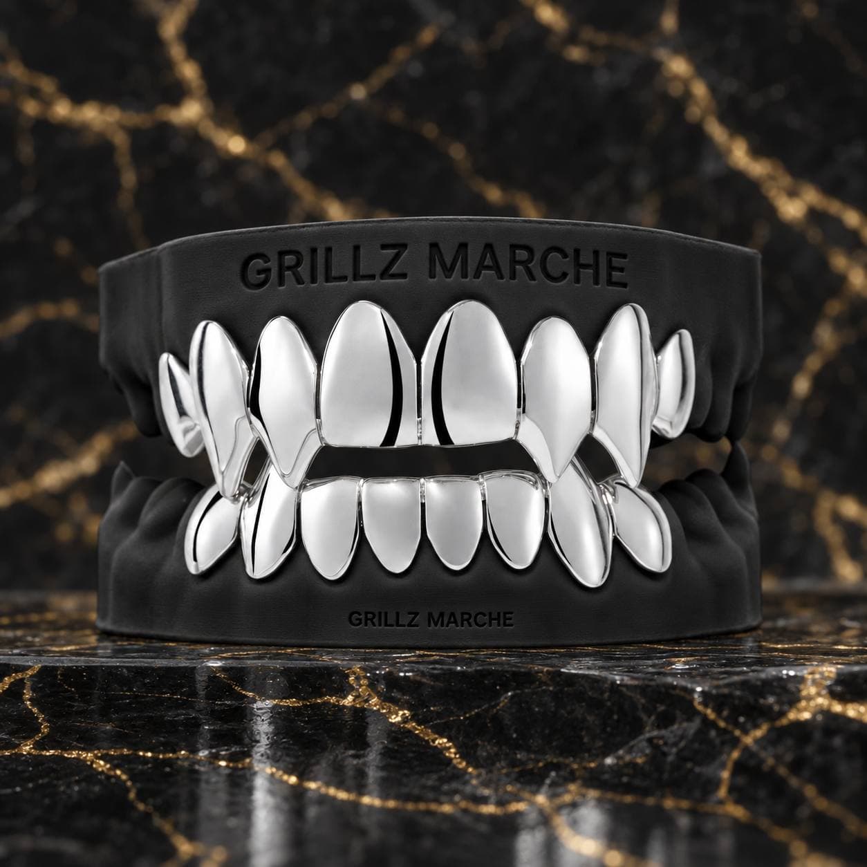Full set con zanne: grillz su misura su 16 denti, cromo-cobalto lucidato a specchio