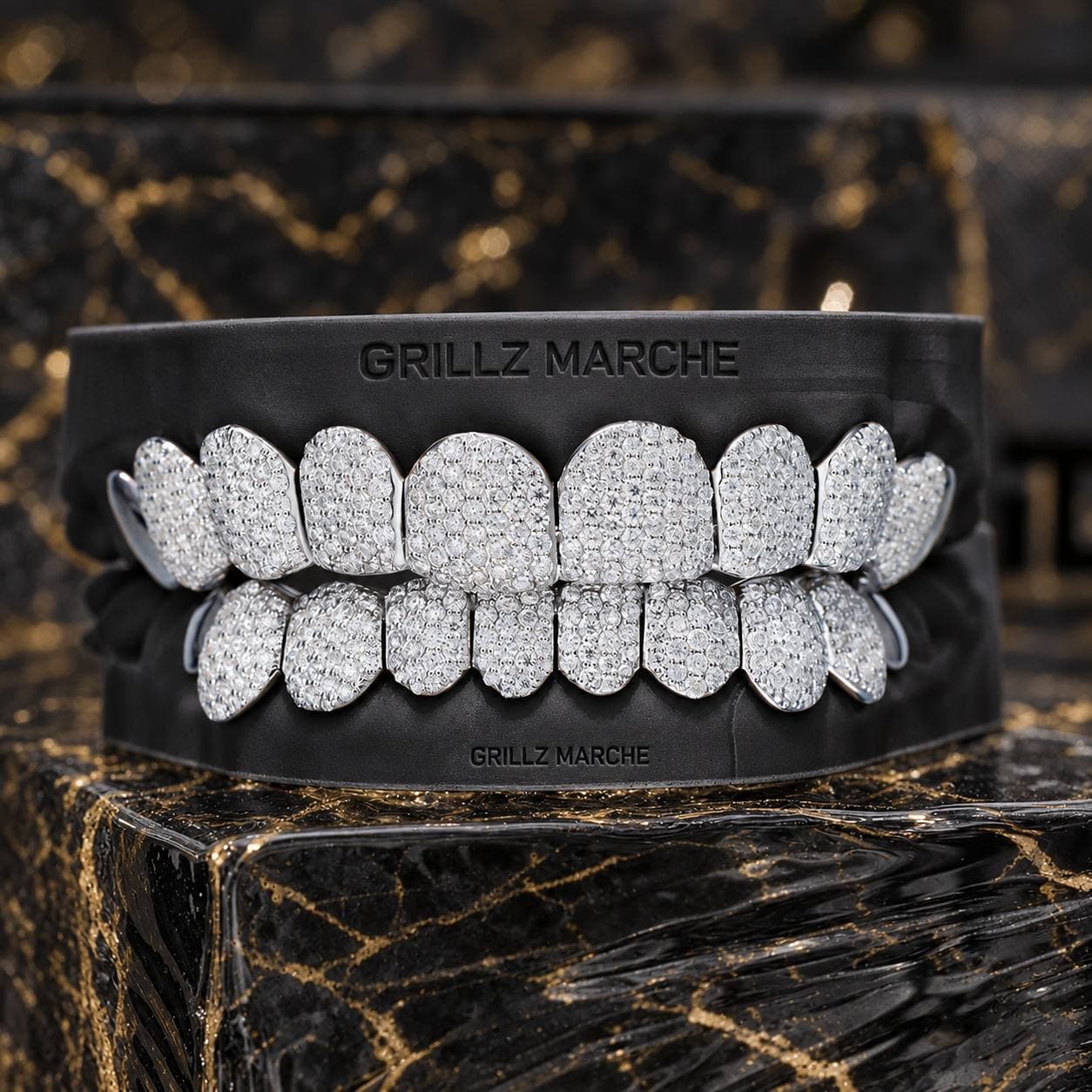 Full set pavé: grillz su misura su 20 denti, cromo-cobalto lucidato a specchio