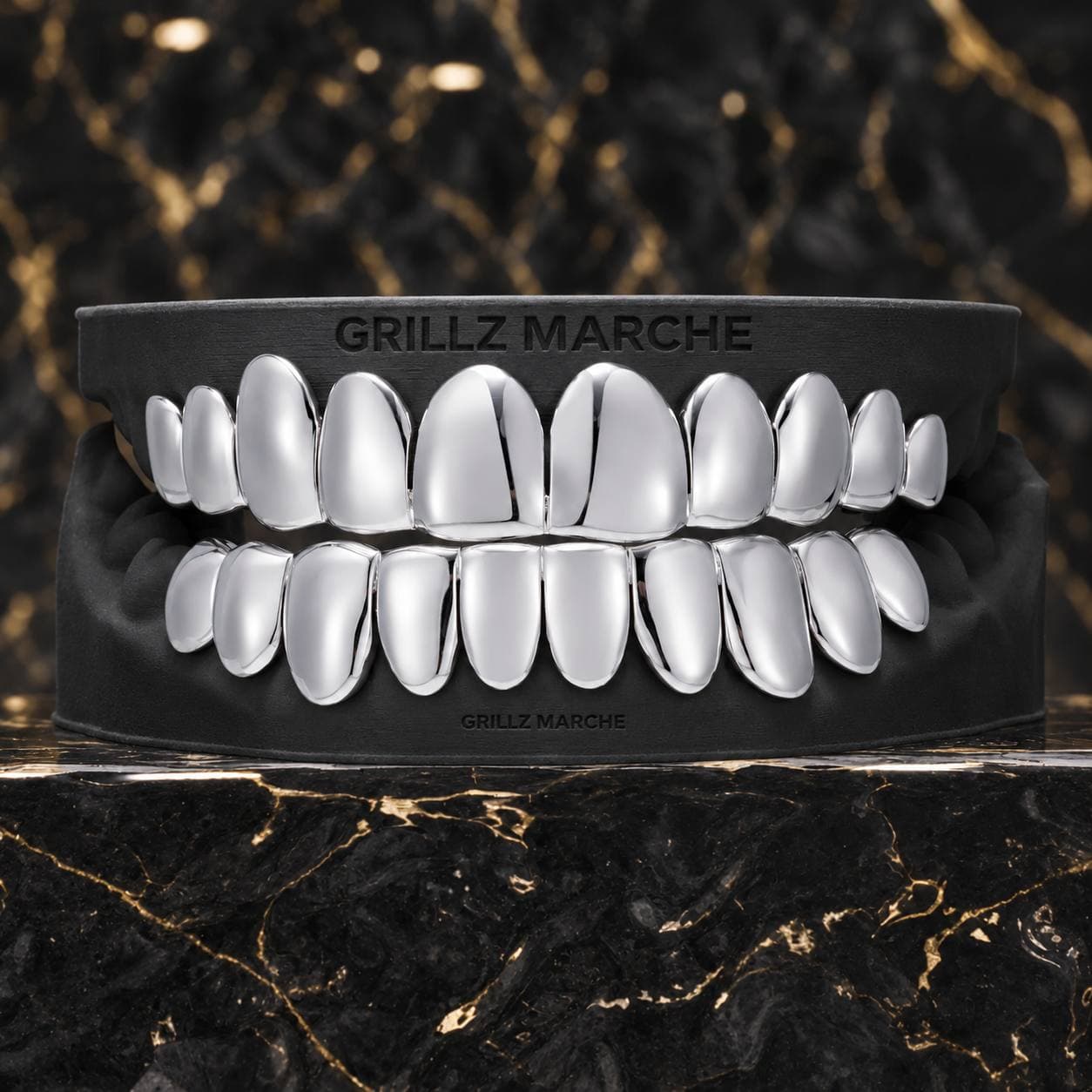 Set completo liscio: grillz su misura su 20 denti, cromo-cobalto lucidato a specchio o finitura PVD effetto oro