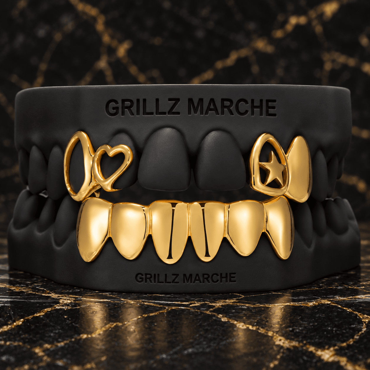 Cuore, stella e zanne: grillz open face su misura su 10 denti, cromo-cobalto lucidato a specchio o finitura PVD effetto oro