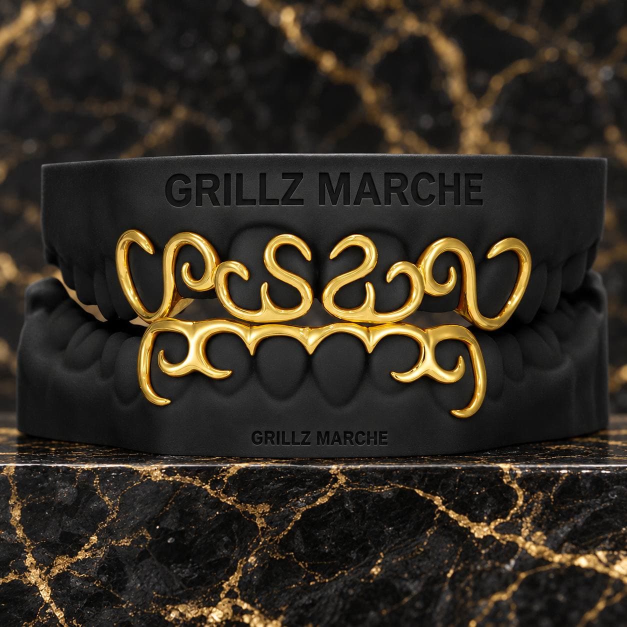 Volute su due arcate: set completo di grillz su misura su 12 denti, finitura PVD effetto oro