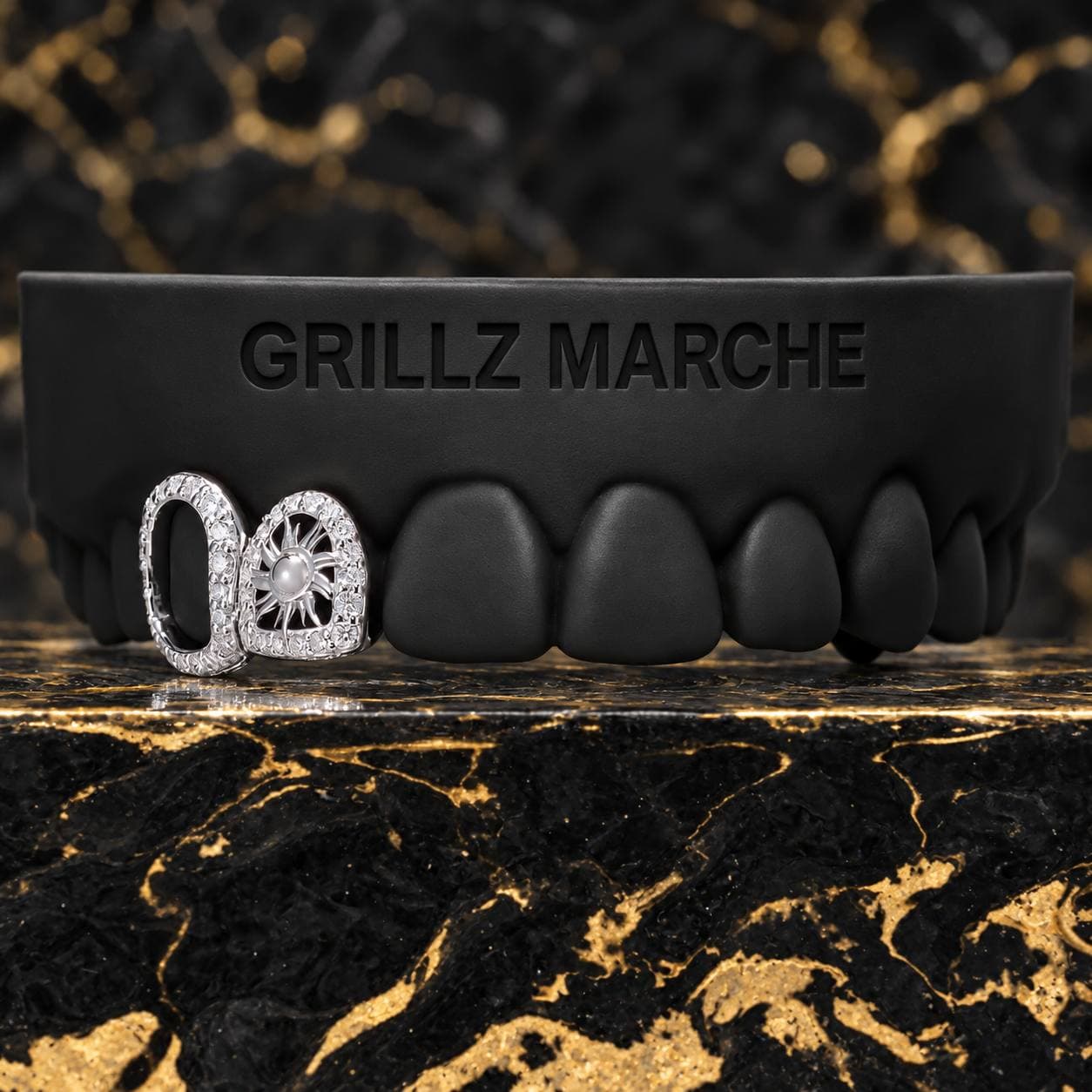 Sole e cornice pavé: grillz open face su misura su 2 denti, cromo-cobalto lucidato a specchio