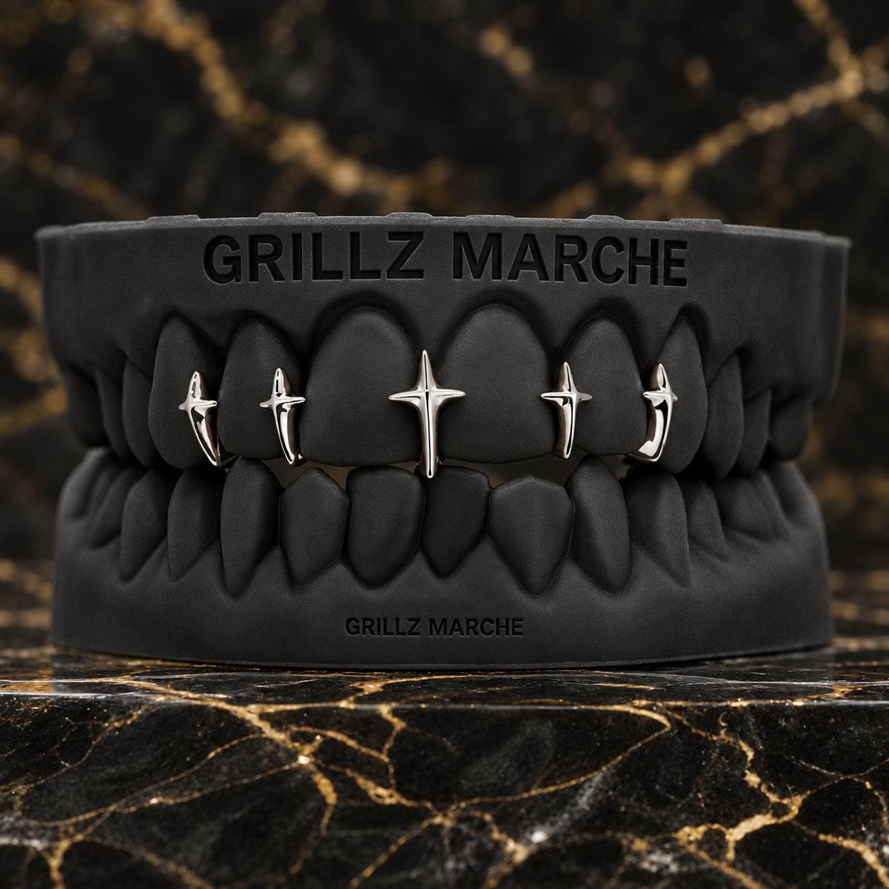 Stelline sul bordo: grillz su misura su 6 denti, cromo-cobalto lucidato a specchio