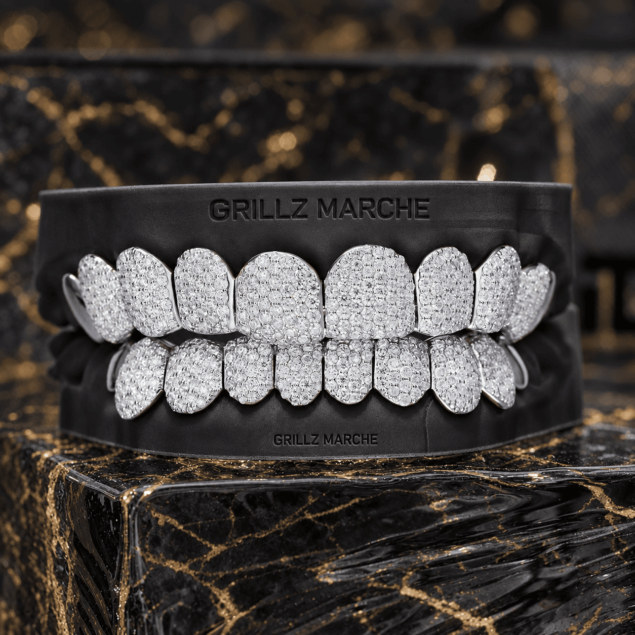 Full set: grillz con pietre su misura su 20 denti, cromo-cobalto lucidato a specchio